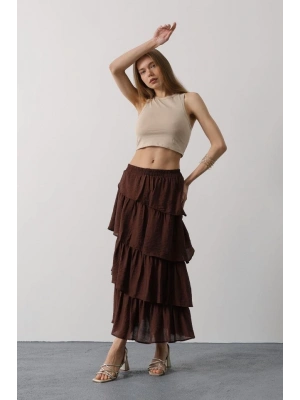 Katlı Kesim Uzun Etek  Kahve
