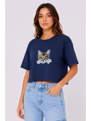 Kedi Baskılı Oversize Crop Tişört alaş Basic Yarım Kol Tshirt  acivert