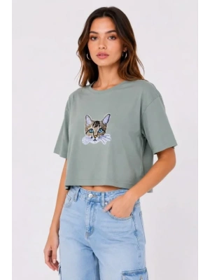 Kedi Baskılı Oversize Crop Tişört alaş Basic Yarım Kol Tshirt  int Yeşili