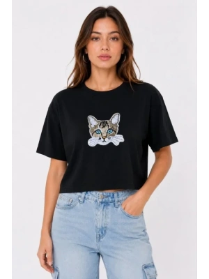 Kedi Baskılı Oversize Crop Tişört alaş Basic Yarım Kol Tshirt  iyah
