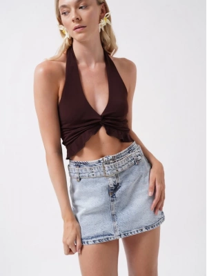 Kemer Detay Denim Mini Etek