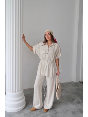 KETEN BEDEN BÜZGÜ DETAYI GÖEK  PANTOON TAKI  Taş