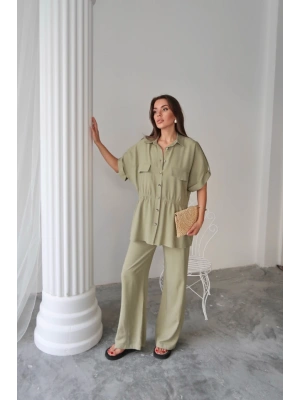 KETEN BEDEN BÜZGÜ DETAYI GÖEK  PANTOON TAKI  Yeşil