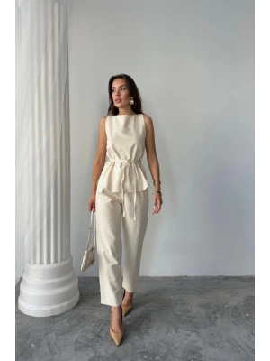 KETEN BLUZ  PANTOLON TAKIM MAİMO MODELCREAT KUMAŞ  Bej