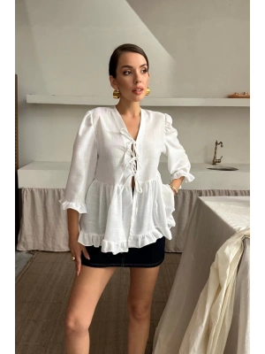 KETEN BLUZ ÖNDEN BAĞLAALI FIRFIR DETAYLI  Beyaz