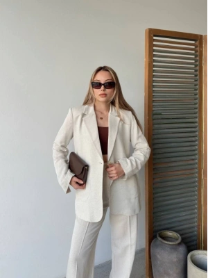 Keten Ceket Pantolon Ikili Takım  Beyaz
