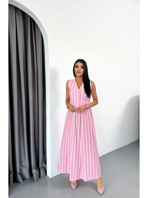 KETEN ÇİZGİLİ YELEK  UZUN ETEK TAKIM  Pembe