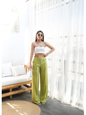 Keten Düğme Detayli Dökümlü Palazzo Pantolon