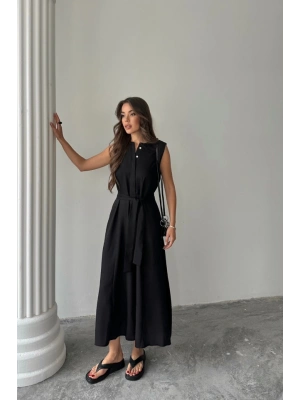 KETEN ELBİSE KOLSUZ BEL BAĞLAALI AXİ ELBİSE  Siyah
