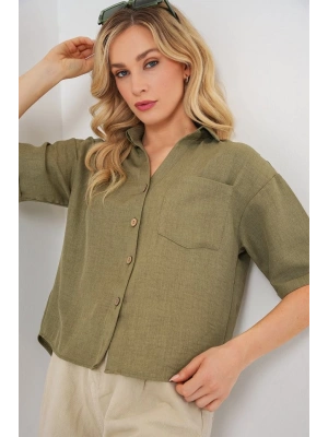 Keten Görünümlü Crop Gömlek 20339  Çağla