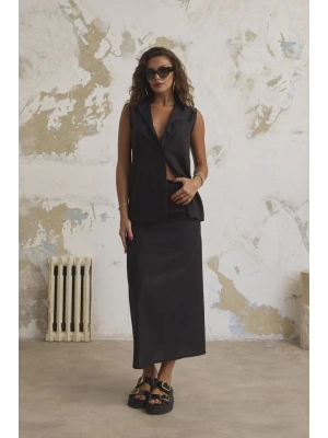 Keten Haki̇m Yaka Kolsuz Gömlek Etek Takim