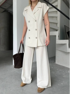 Keten ıfır Kol Blezer Ceket Pantolon Ikili Takım Beyaz
