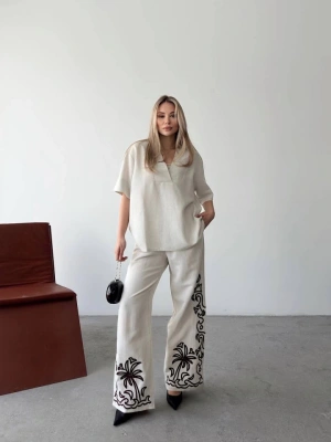 Keten Kısa Kolu  V Yaka Bluz Pantolon Ikili Takım Beyaz