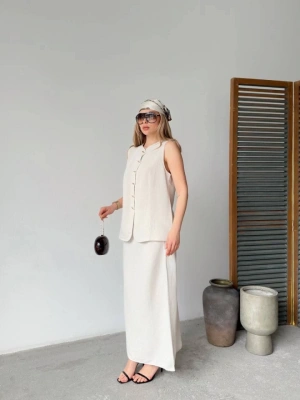 Keten Kolsuz Hırka Etek Ikili Takım Beyaz