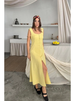 KETEN KOLSUZ KARE YAKA DÜĞE DETAYLI ELBİSE  Sarı