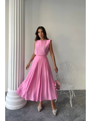 KETEN KOLUZ BLUZ  MAXİ ETEK TAKIM  Pembe