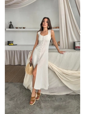 KETEN KOLSUZ KARE YAKA DÜĞE DETAYLI ELBİSE  Beyaz