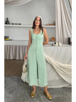 KETEN KOLUZ KARE YAKA DÜĞME DETAYLI ELBİE  Mint