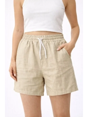 Keten Kumaş Cepli Rahat Kesim Bel astikli Şort  Bej