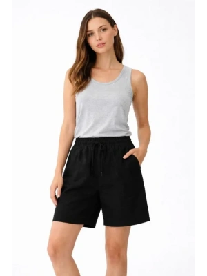 Keten Kumaş Cepli Rahat Kesim Bel astikli Şort  iyah