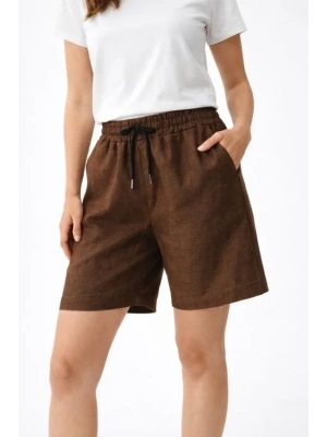 Keten Kumaş Cepli Rahat Kesim Bel astikli Şort  Kahverengi