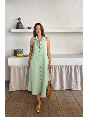 KETEN ÖNDEN DÜĞMELİ KOLUZ GÖMLEK YAKA ELBİE  Mint