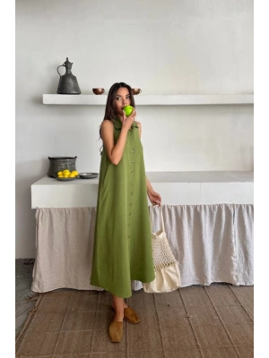 KETEN ÖNDEN DÜĞMELİ KOLUZ GÖMLEK YAKA ELBİE  Yağ Yeşili