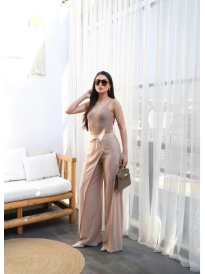 Keten Önü Çapraz Parçali Lasti̇kli̇ Ve Bağcikli Geni̇ş Paça Pantolon