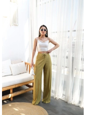 Keten Önü Çapraz Parçali asti̇kli̇ Ve Bağcikli Geni̇ş Paça Pantolon