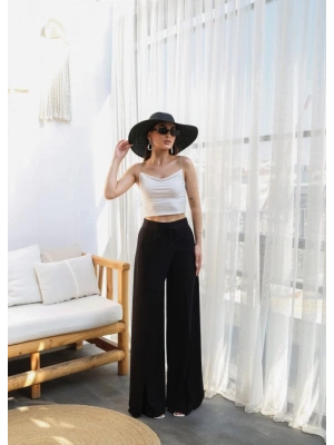 Keten Önü Çapraz Parçali Lasti̇kli̇ Ve Bağcikli Geni̇ş Paça Pantolon