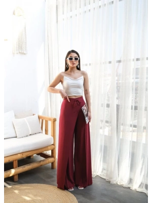 Keten Önü Çapraz Parçali Lasti̇kli̇ Ve Bağcikli Geni̇ş Paça Pantolon