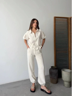 Keten Tam Fermuarlı Kısa Kollu Gömlek Pantolon Ikili Takım  Beyaz