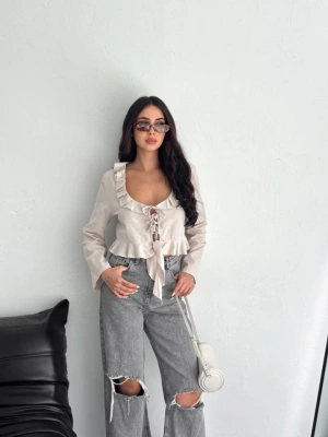 Keten Uzun Kol Bağacık Detaylı Bluz  Bej