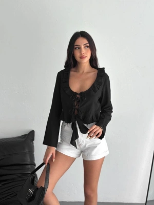 Keten Uzun Kol Bağacık Detaylı Bluz  iyah