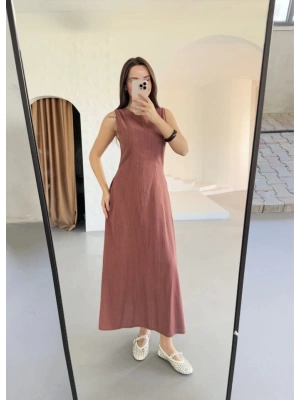 Keten Uzun Kolsuz Elbise Gül Kurusu