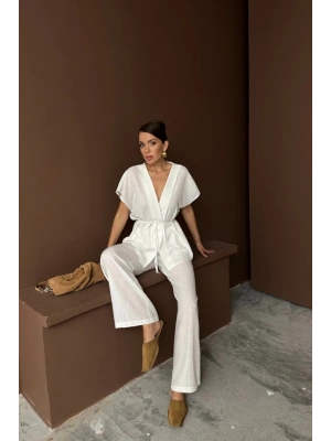 KETEN V YAKA BEDEN BAĞAAI BUZPANTOON TAKI  Beyaz