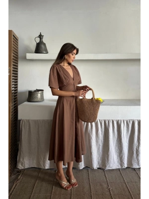 KETEN V YAKA ÖNDEN DÜĞMELİ ELBİE  Kahverengi