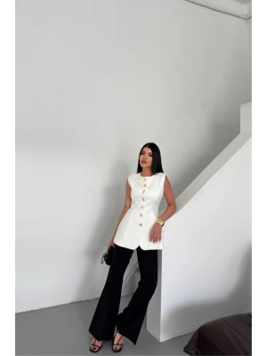 KETEN YELEK BELDEN OTURTMALIIRALI DÜĞME DETAYLI  Beyaz