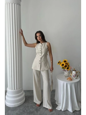 KETEN YELEK  PANTOLON TAKIM  Taş