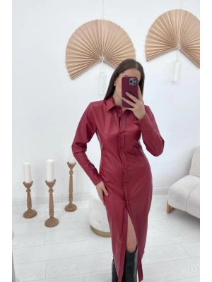 Kırmızı Boydan Düğmeli Deri Elbise