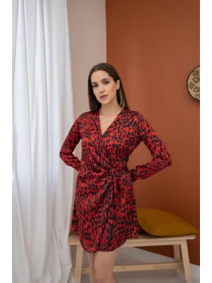 Kırmızı Leopar Desenli aten Elbise