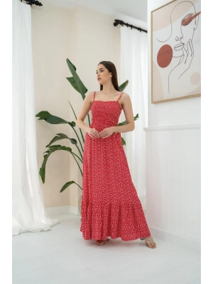 Kırmızı Eteği Fırfırlı Elbise