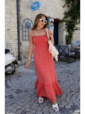 Kırmızı Eteği Fırfırlı Elbise