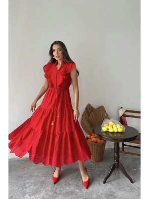 Kırmızı Fırfırlı Düğmeli Elbise