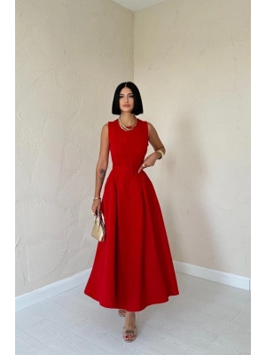 Kırmızı Halter Yaka Kloş Elbise