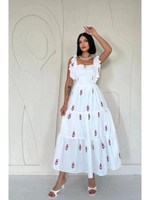 Kırmızı ıfır Kol Fırfırlı Elbise