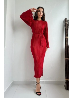 Kırmızı İspanyol Kol Piliseli Elbise