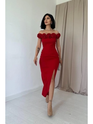 Kırmızı adonna Yaka Güllü Elbise