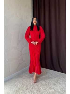 Kırmızı Önü Büzgülü Şifon Elbise