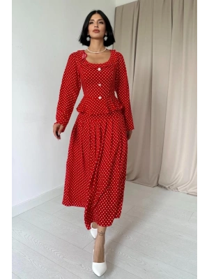 Kırmızı Puantiye Desenli Volanlı Elbise